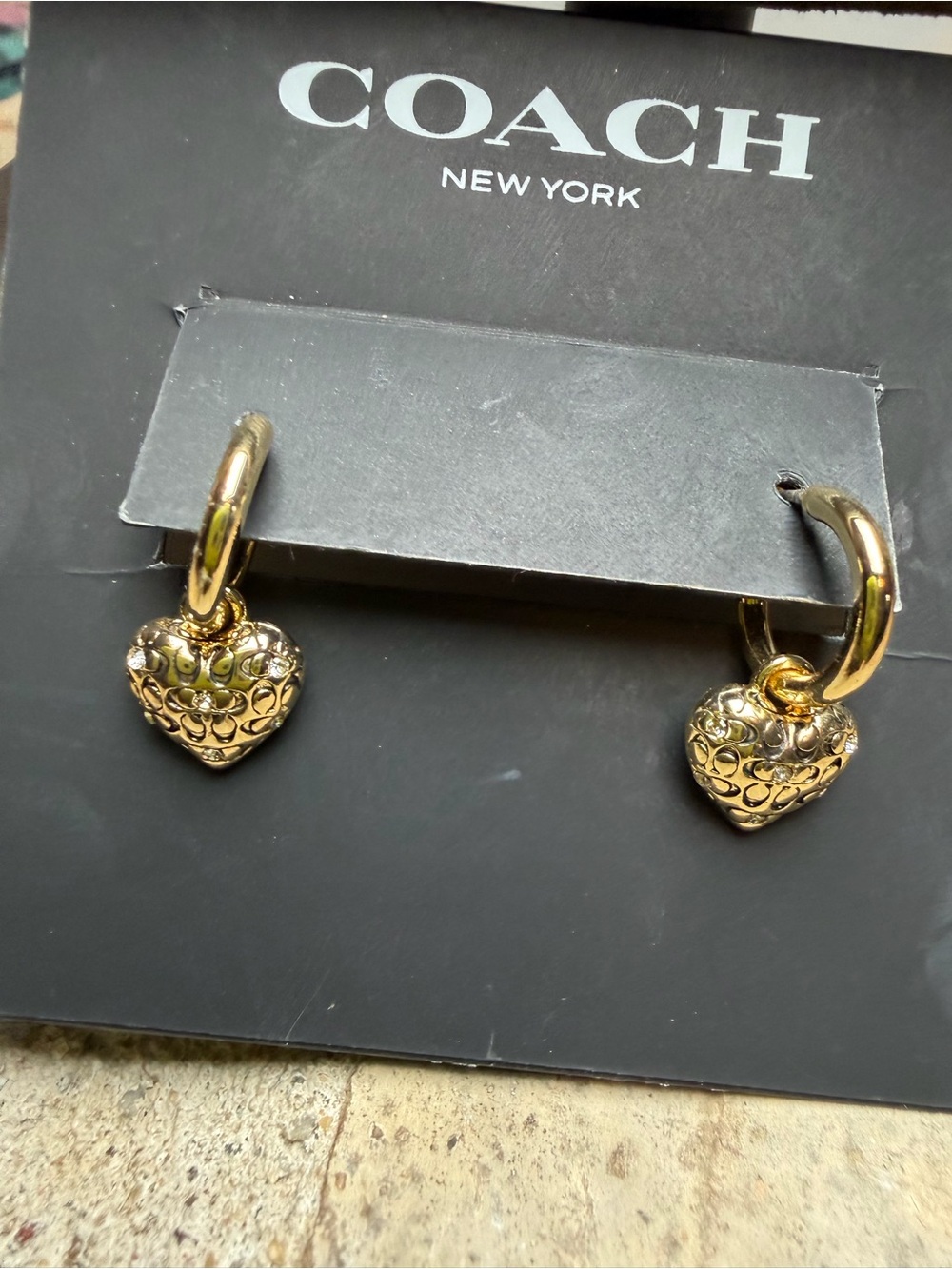 COACH Quilted C Crystal Heart Charm Huggie Earrings - Picture 2 of 8